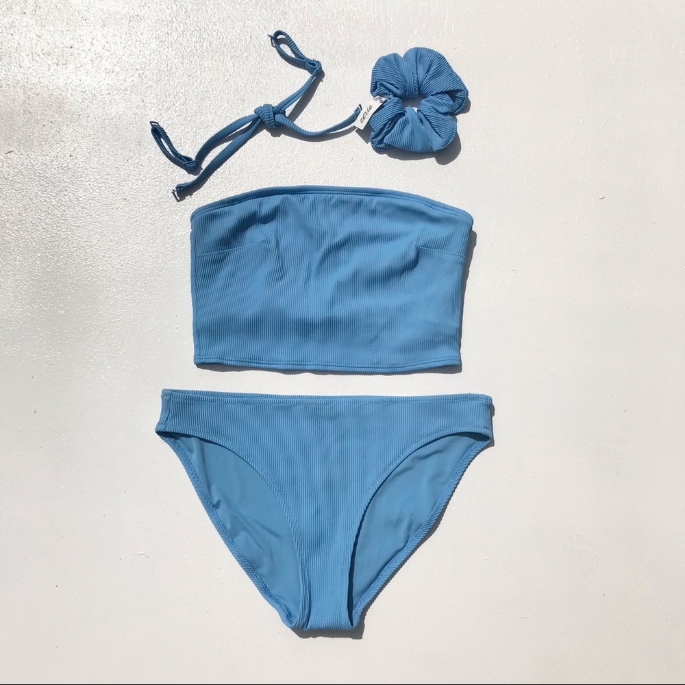 AERIE Baby Blue Ribbed Strapless Bikini w Detachable Straps & Matching Scrunchie